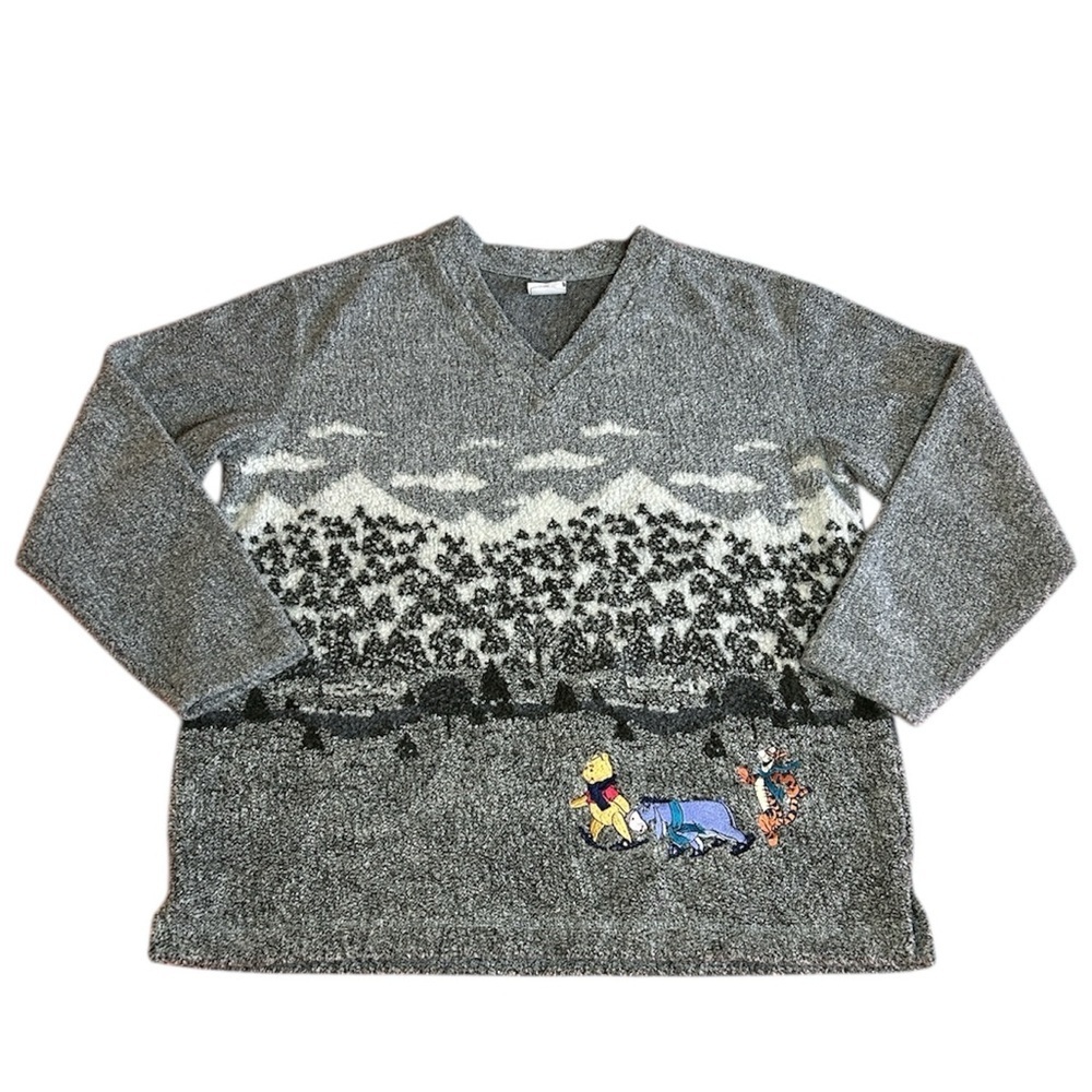 Vintage 90s Disney Catalog Pooh Eeyore Tigger Winter Mountain sweater gray sz L - Picture 7 of 14
